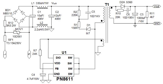 12V1A适配器方案典型应用图