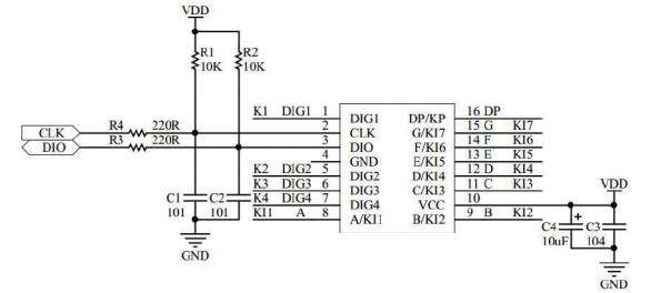 GN1650共阴极八段数码管驱动芯片替换TM1650/AIP1650电路图