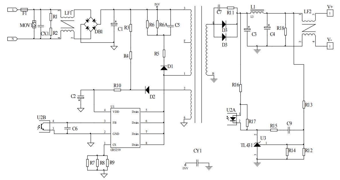 CR5259_12V2A适配器电源芯片方案典型电路图